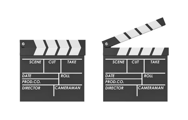 3D-Rendering eines schwarzen Klappbretts mit leeren Feldern für Filmnamen offen und geschlossen. — Stockfoto