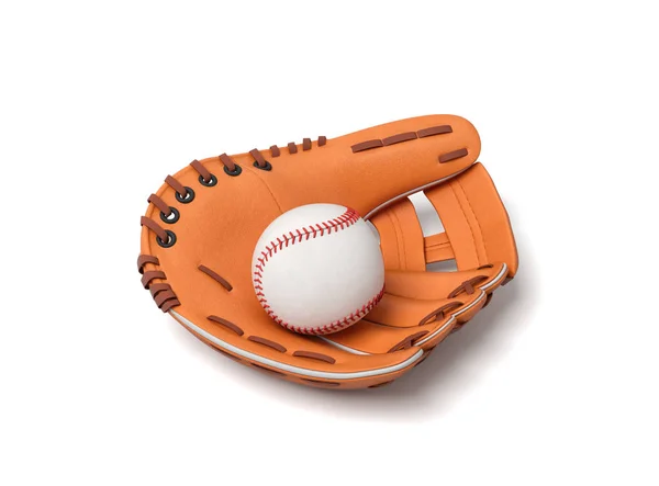 3d rendering of a white baseball with red stitching lying inside an open leather mitt on a white background. — Stock Photo, Image