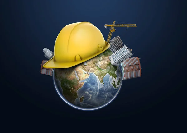 3d rendering of Earth globe apartment buildings, constriction cranes and one yellow hard hat on its surface. — Stock Photo, Image