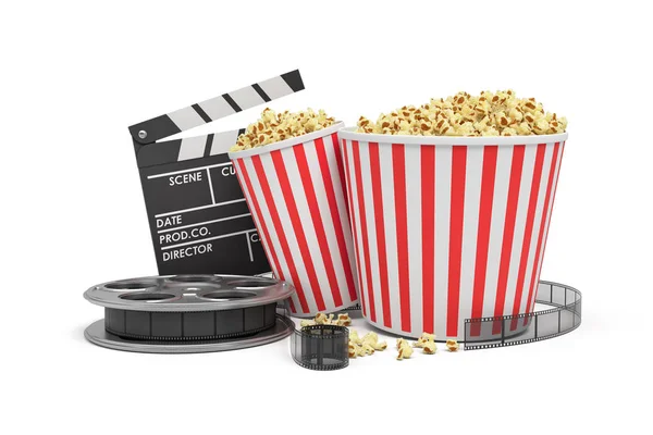 3D-Rendering einer Videorolle, Popcorn-Eimern und einer Klapptafel auf weißem Hintergrund. — Stockfoto