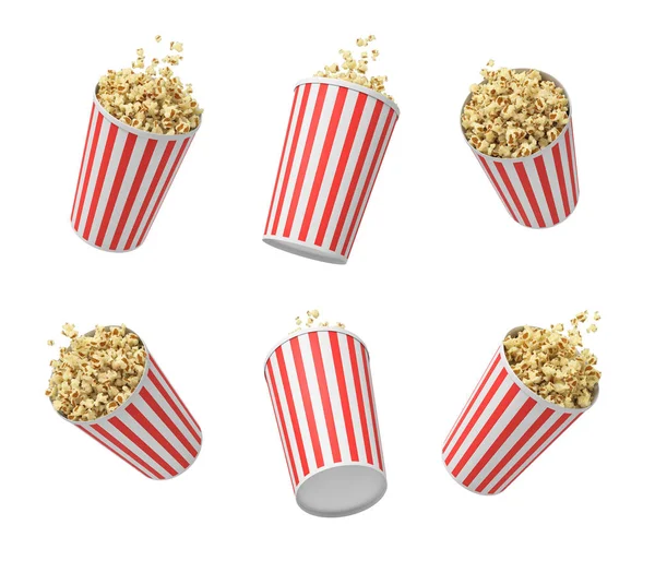 3D-Rendering von sechs gestreiften Popcorn-Kübeln auf weißem Hintergrund. — Stockfoto