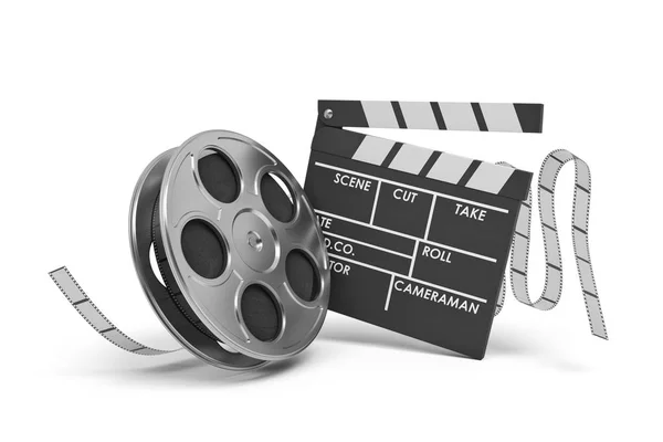 Τρισδιάστατη απεικόνιση του βίντεο κύλινδρο aand μαύρο clapperboard με κενά πεδία σε λευκό φόντο. — Φωτογραφία Αρχείου
