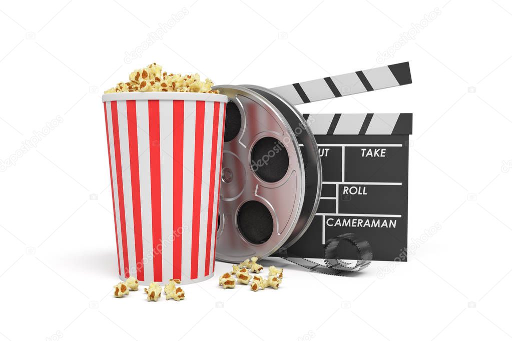 3d rendering of a video reel, popcorn bucket and a clapperboard on a white background.