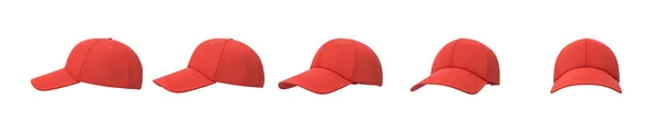 3D-rendering voor vijf rode baseball caps komt te staan in een lijn van kant naar vooraanzicht op een witte achtergrond. — Stockfoto
