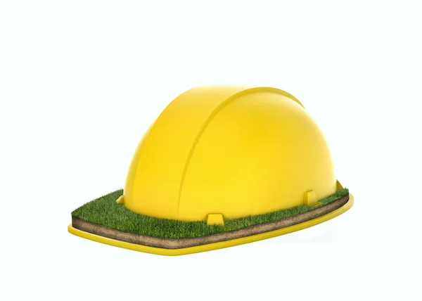 3d rendering of a large yellow construction hard hat with a lawn grass on its upper side of the rim. — Stock Photo, Image