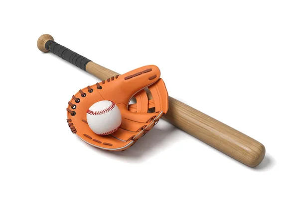 3D рендеринг бейсбола, лежащего внутри большой кожаной перчатки рядом с деревянной летучей мышью на белом фоне . — стоковое фото