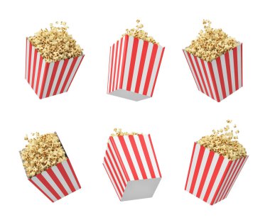 Beyaz arka plan üzerinde asılı altı şeritli pop corn küvetleri 3D render.