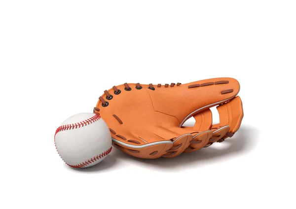 3d rendering of a white baseball with red stitching lying near leather mitt on a white background. — Stock Photo, Image