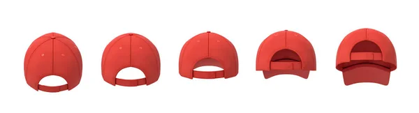 3D-rendering voor vijf rode baseball caps weergegeven in één regel in een achteraanzicht in verschillende hoeken. — Stockfoto