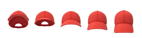 3D-rendering voor vijf rode baseball caps weergegeven in één regel in een vooraanzicht, maar in verschillende hoeken. — Stockfoto