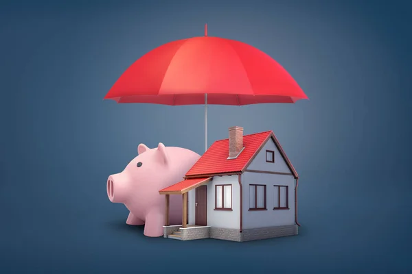 3D візуалізація червоної відкритої парасольки покриває великий рожевий скарбничка і маленький будинок на синьому фоні . — стокове фото