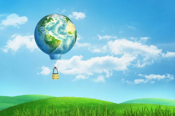 3d rendering of hot air balloon with an Earth globe instead of the air balloon itself, flying over a green summer field. — Stock Photo, Image