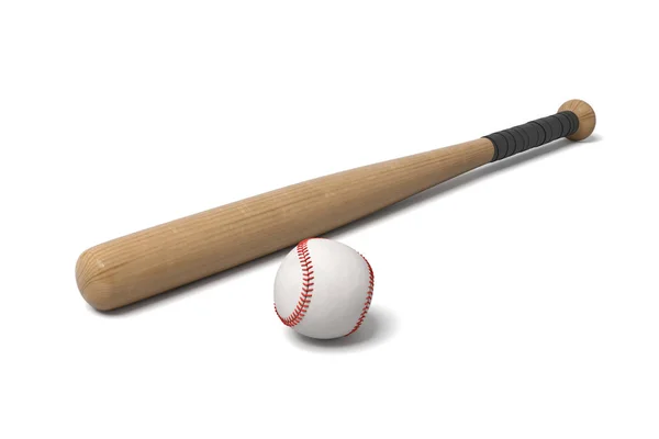 3d rendering of a wooden baseball bat with black wrap on the handle lying near a white leather ball. — Stock Photo, Image