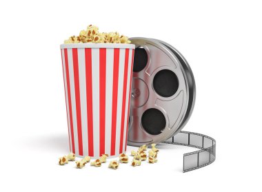 video bir makara ile video film vee büyük kova patlamış mısır tam 3D render.