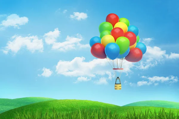 Rendering 3d di molti palloncini colorati in parte con un cesto sotto volare sopra una valle verde e soleggiata . — Foto Stock
