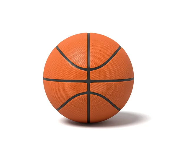 3D-weergave van een oranje basketbal met zwarte strepen staande op een witte achtergrond. — Stockfoto