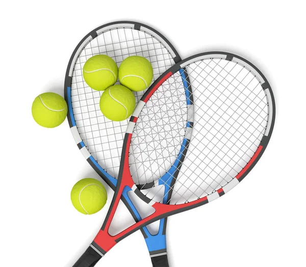 Onlar üzerinde topları ile farklı renkteki iki tenis raketleri 3D render. — Stok fotoğraf