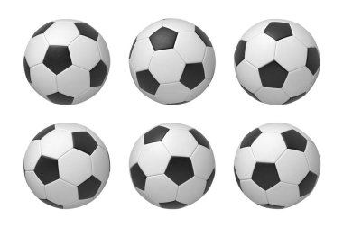 3D render farklı açılardan izole beyaz bir arka plan üzerinde gösterilen altı futbol topları.