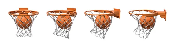 3d renderização de um conjunto de quatro cestos de basquete com uma bola caindo dentro de cada um deles . — Fotografia de Stock