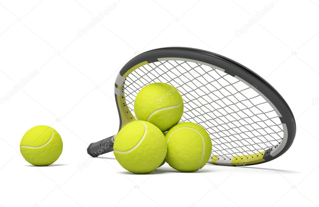 3d rendering a single tennis racquet lying with a yellow balls on white background.