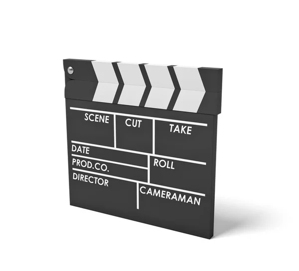 3d rendering of a single black clapperboard with empty fields for movie name, staff and takes standing in a side view. — Stock Photo, Image