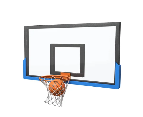 Representación 3d de una pelota de baloncesto que cae dentro de una canasta unida a un tablero blanco y negro . — Foto de Stock