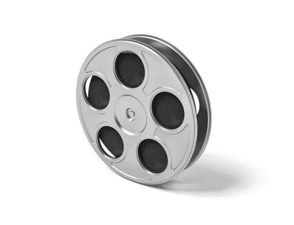 3D-Wiedergabe einer einzelnen Filmspule mit Stahlgehäuse auf weißem Hintergrund. — Stockfoto