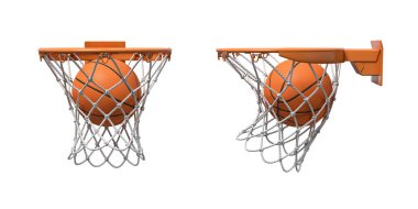 3D render turuncu basket topuyla içinde düşen iki basketbol ağlar.