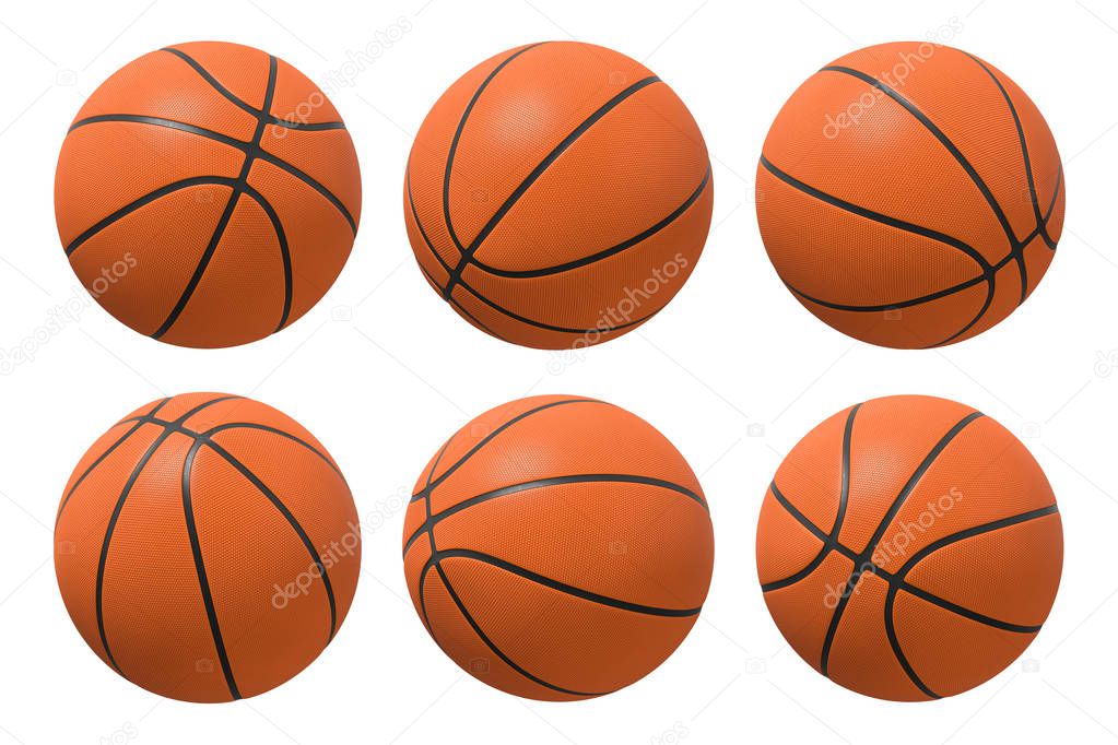 3d rendering of six basketballs shown in different view angles on a white background.