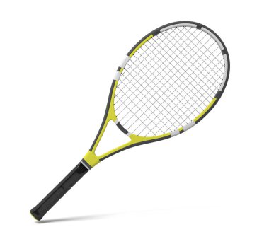 siyah ve sarı çizgili bir profesyonel tenis raket 3D render.