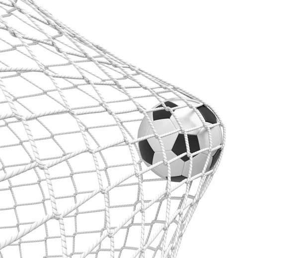Representación 3d de una pelota de fútbol golpeando la red dentro de la puerta sobre fondo blanco . — Foto de Stock