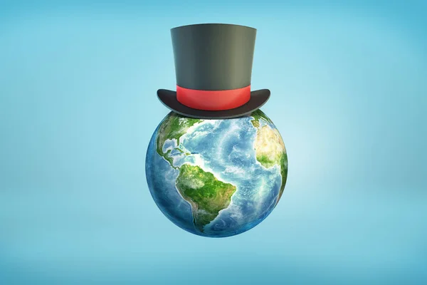 3d rendering of a Earth globe with a black magicians top hat sitting on its surface like on a head. — Stock Photo, Image