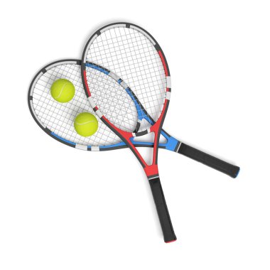 Onlar üzerinde topları ile farklı renkteki iki tenis raketleri 3D render.