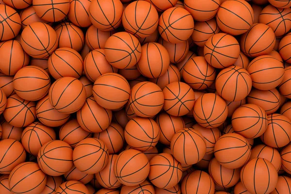 3D render en baştan gördüm sonsuz bir yığın yalan birçok turuncu basketbol topları.