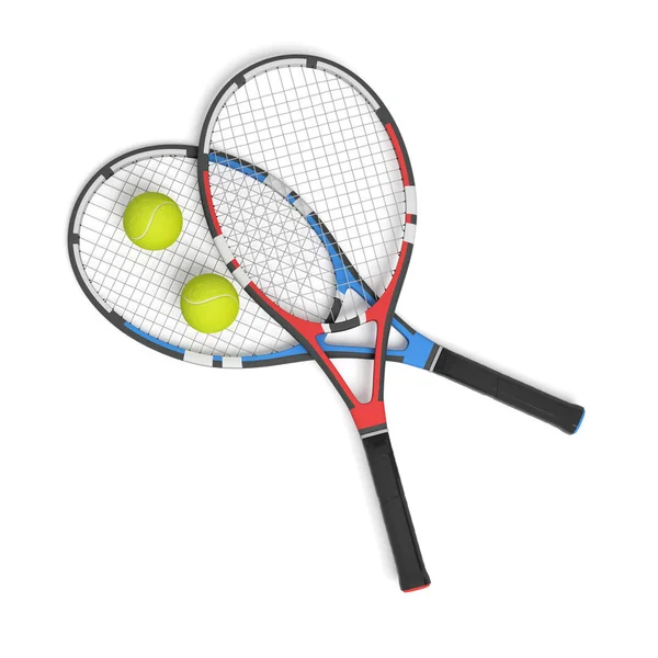 3d rendering of two tennis racquets of different colors with balls over them. — Stock Photo, Image