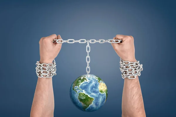 Two Male Hands Bound Together Chains Linked Earth Globe Them — Stock Photo, Image