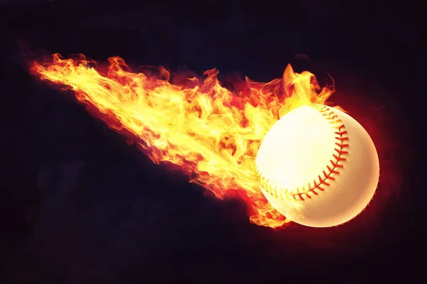 3d rendering of a white baseball ball with red seams is caught in flames while it flies on dark background. — Stock Photo, Image