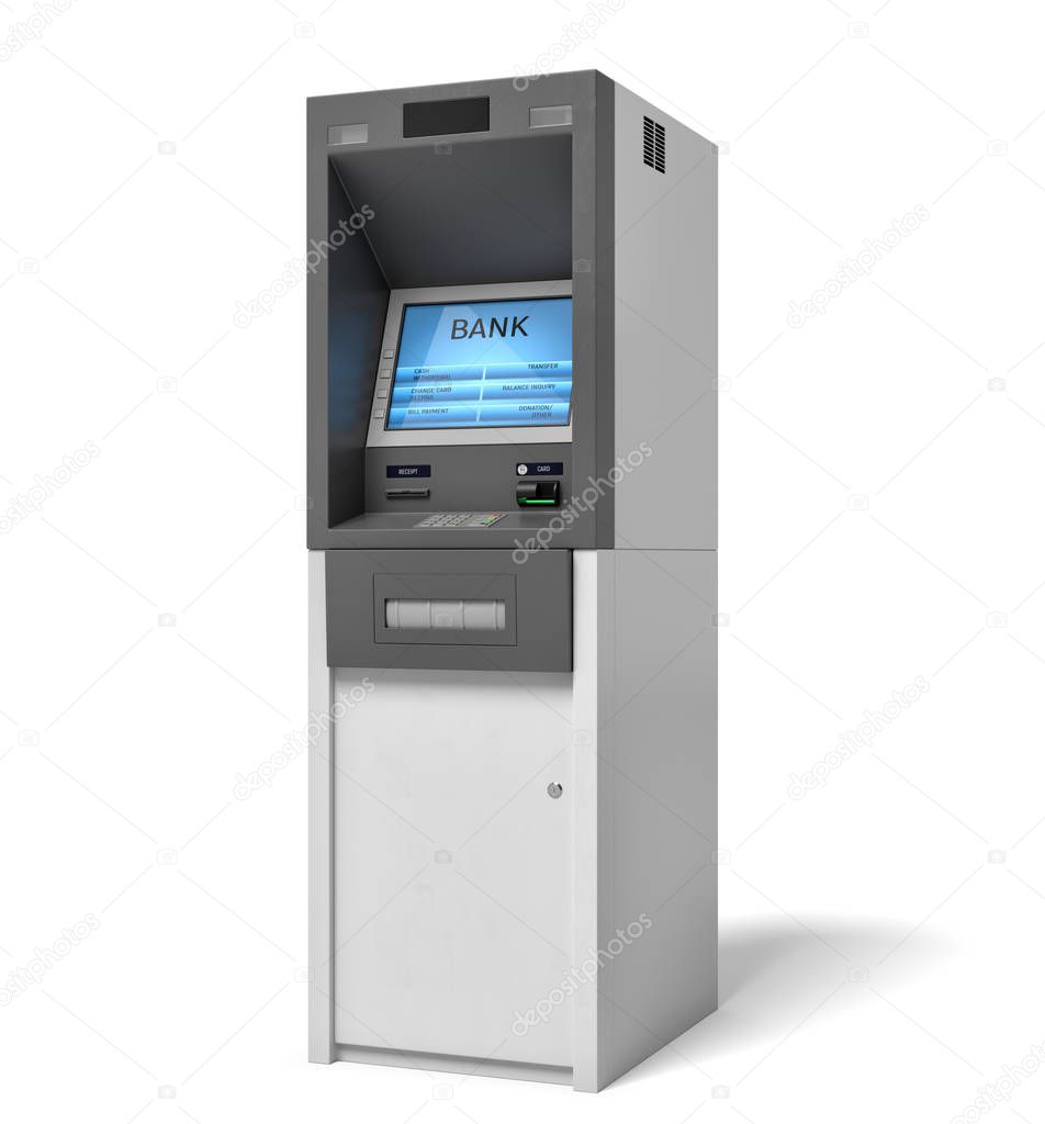 3d rendering of an isolated bank ATM machine with a lit blue screen and some white options bubbles on the sides. Modern banking technologies. Getting cash from account. Managing your finances.