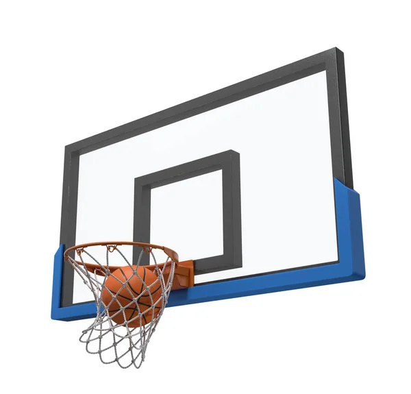 Renderingu 3D piłkę do koszykówki dostawaniu się do środka kosz dołączone do przezroczyste płyty montażowej. — Zdjęcie stockowe