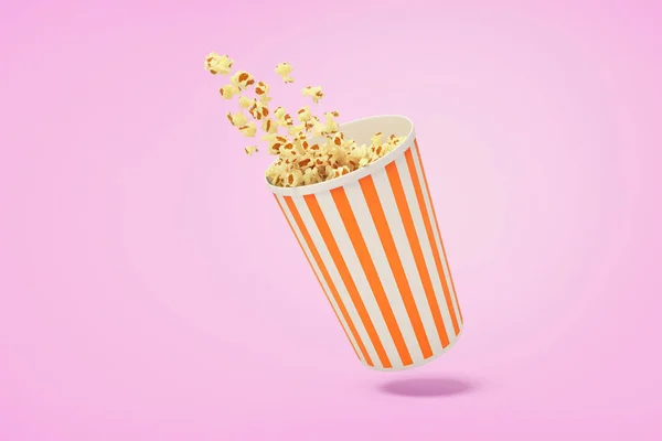 3d rendering of traditional striped carton can full of pop-corn with some kernels flying out on a pink background.