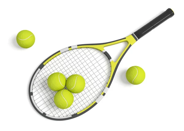 3d rendering a single tennis racquet lying with a yellow balls on white background. — Stock Photo, Image