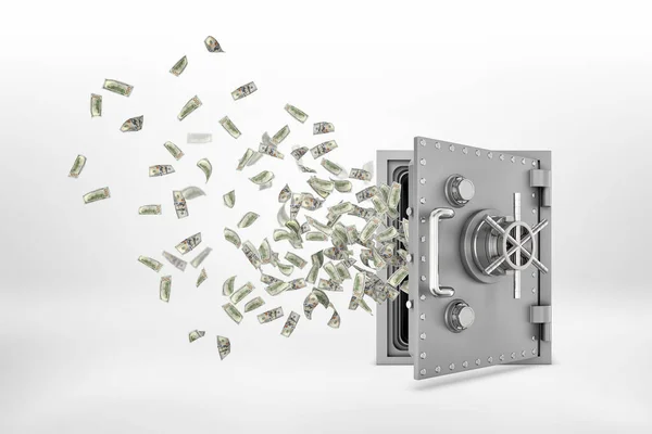 Representación 3d de una caja de seguridad de acero semiabierta con muchos billetes de papel en dólares que salen volando de ella . — Foto de Stock