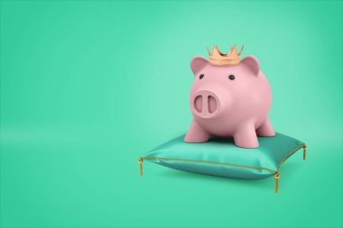 3D render bir kumbara altın bir taç ile bir yeşil ipek yastık üzerinde yeşil bir arka plan üzerinde müoynatacaklar aittir.