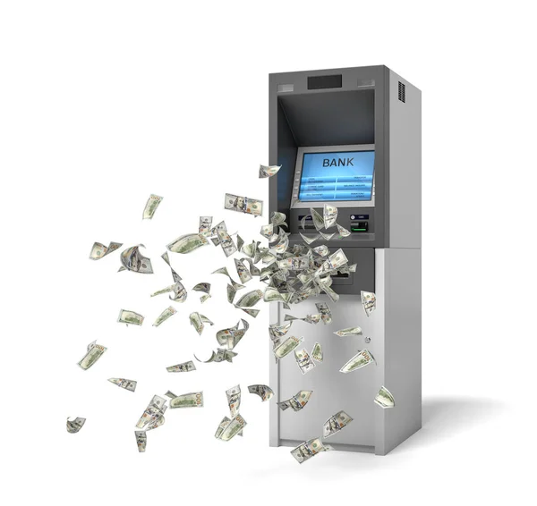 3D vykreslování banky Atm stroje s zelené bankovky létající z ji. — Stock fotografie