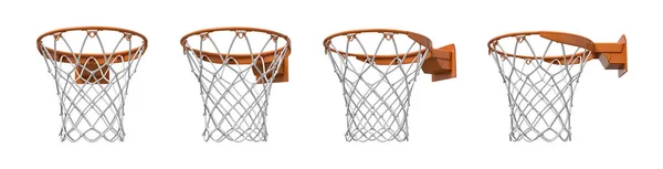 3d representación de un conjunto de cuatro cestas de baloncesto con lazo naranja y soporte de fijación . —  Fotos de Stock