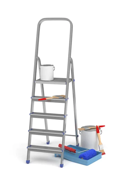 Representación 3d de una escalera de pie cerca de cubos de pintura y cepillos aislados sobre un fondo blanco . — Foto de Stock