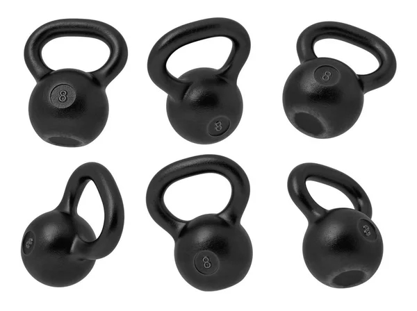 3d rendering of 8 kg several black iron kettlebells hanging at different angles on a white background. — Stock Photo, Image
