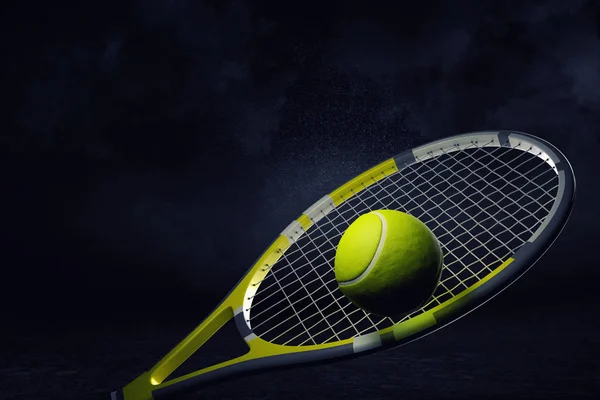 3d rendu d'une balle jaune couchée sur la maille d'une raquette de tennis sur un fond sombre . — Photo