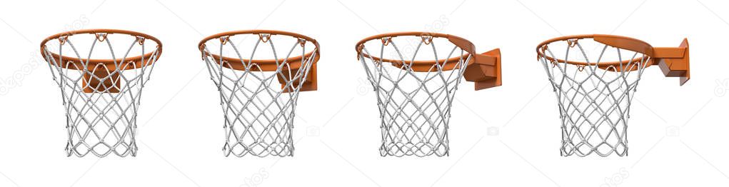 3d rendering of a set made of four basketball baskets with orange loop and fixing bracket.