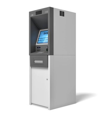 bir izole banka ATM beyaz arka plan aydınlatılmış mavi ekranda ile 3D render.
